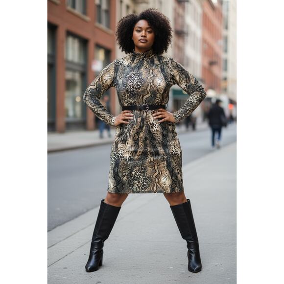 Fashion Nova Dresses & Skirts - Fashion Nova Bodycon Dress 1X Multi Chic Snakeskin Print Mock Neck Party Outfit